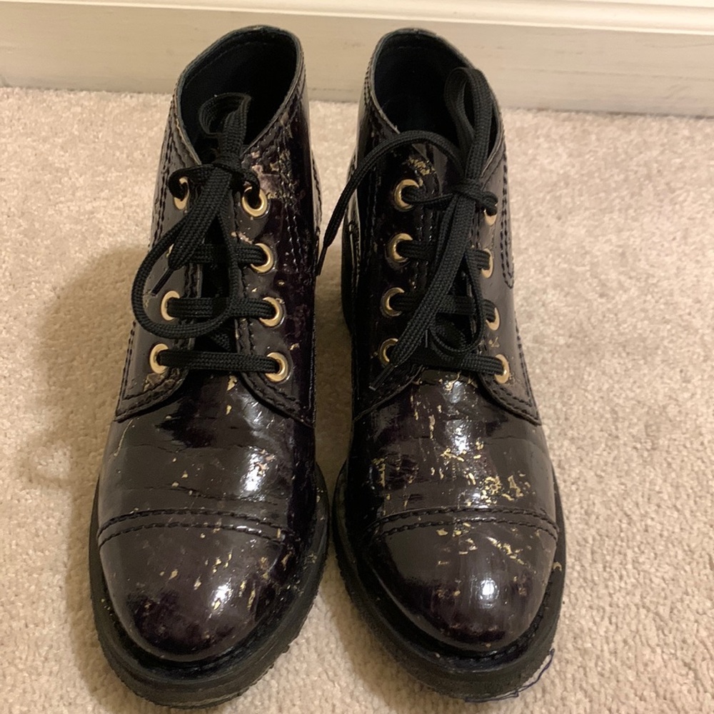 CHANEL Black Leather Lace-Up Ankle Boots w/ Gold Grommets & Scattered Flecks - Picture 1 of 7